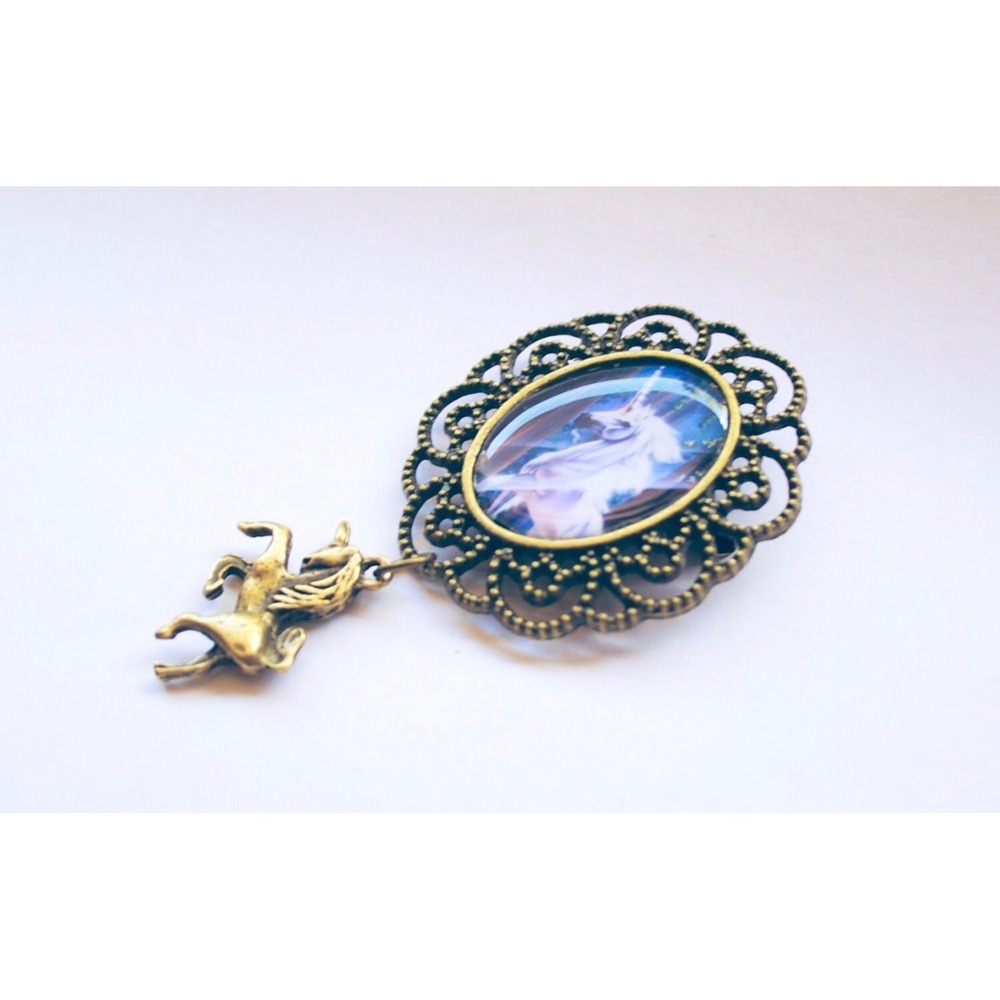 Antique Bronze Unicorn Cameo Brooch Filigree Pin with Unicorn Charm Accent